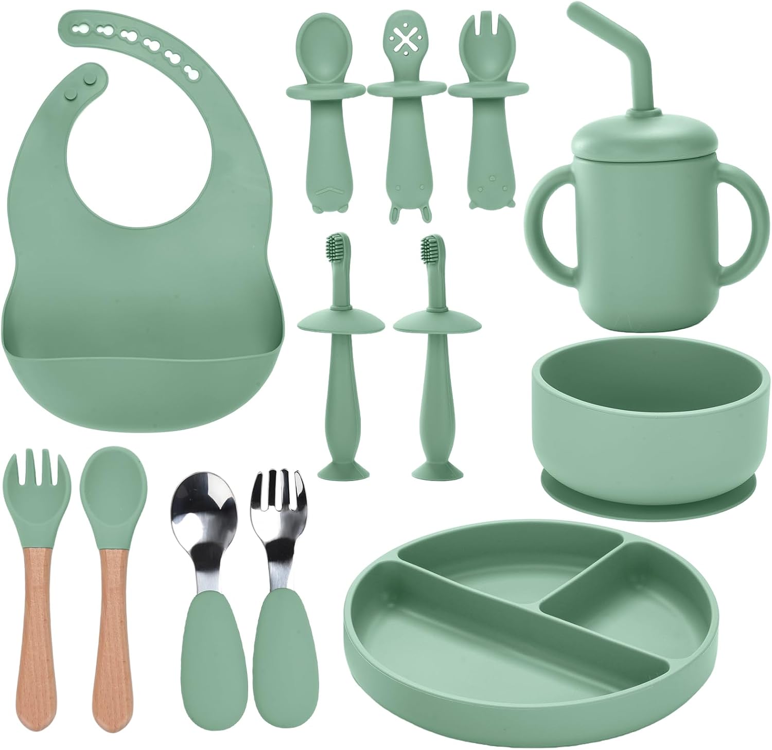 13-Piece Silicone Baby Weaning Set for 6+ Months (Light Green)